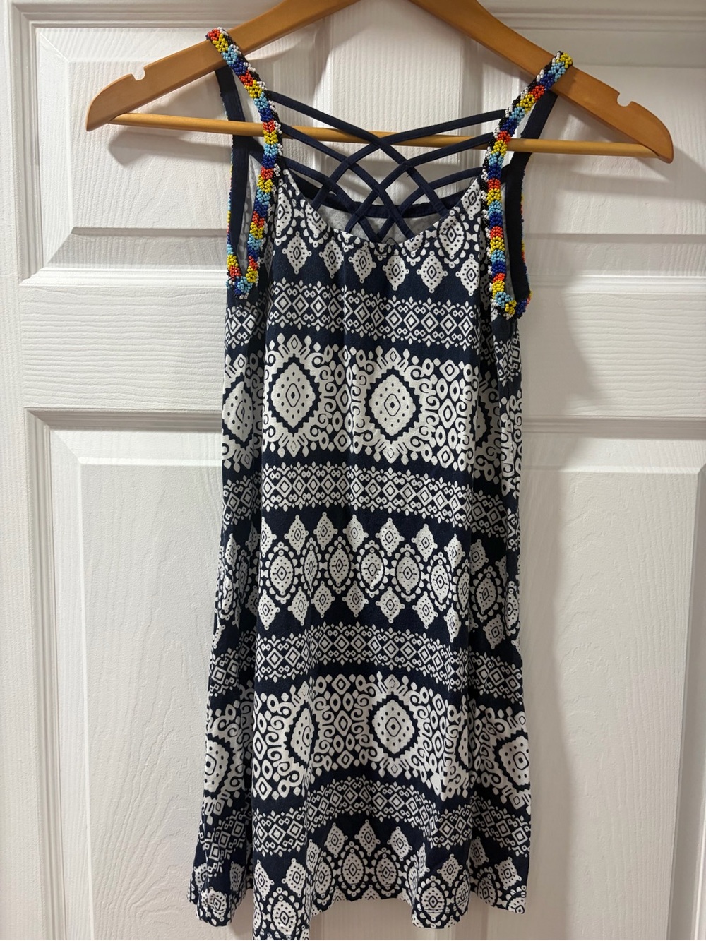 Navy and White Patterned Strappy Dress with Beaded Straps